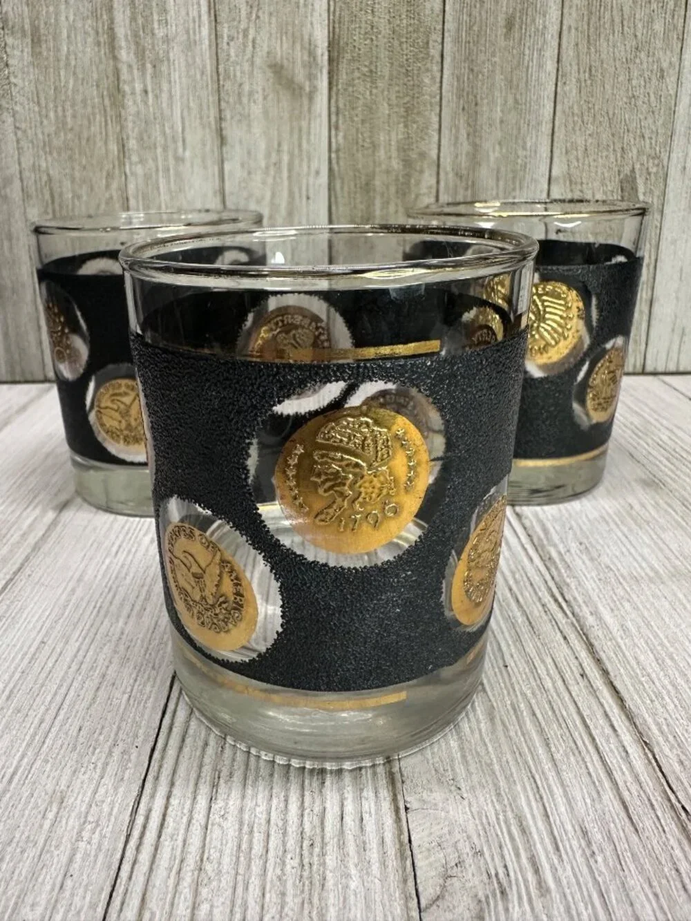 Vtg Libbey Gold Coin Lowball Whiskey Glasses Old Fashion Barware 3.5